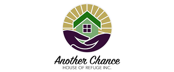 Logo with a green house inside a circle of sun rays, with two purple hands below. Text reads “Another Chance House of Refuge Inc.”.