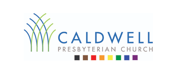 Caldwell Presbyterian Church logo with abstract green and blue lines and a row of colored squares below the text.