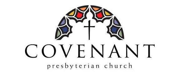 Logo for Covenant Presbyterian Church featuring a cross under a semicircle of stained glass patterns in red, orange, yellow, green, blue, and purple.
