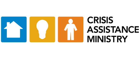 Logo with blue home icon, yellow lightbulb, and orange person icon next to the text “Crisis Assistance Ministry” in black letters.