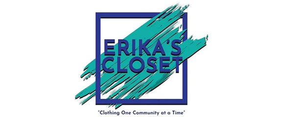 Logo with the text “ERIKA’S CLOSET” over teal paint streaks in a blue square, and the tagline “Clothing One Community at a Time” below.