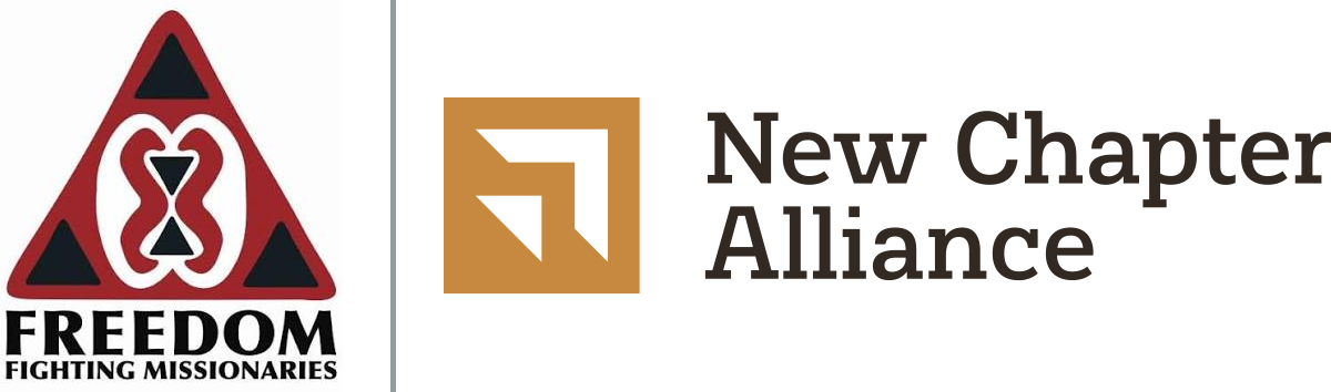 Logos for two organizations: Freedom Fighting Missionaries with an hourglass symbol, and New Chapter Alliance with a gold and white geometric icon and text.