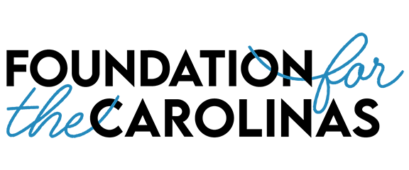 Logo with the words “Foundation for the Carolinas” in black and blue text, featuring a mix of bold and cursive fonts on a white background.