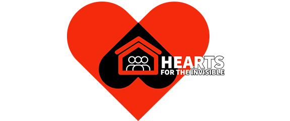 Red heart with a black spade inside, featuring a house and people icon. Text reads “HEARTS FOR THE INVISIBLE.”.