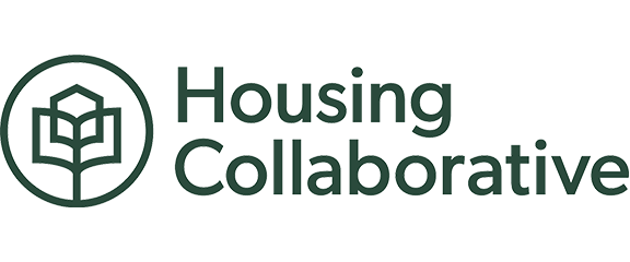 Logo with a geometric house icon next to the words “Housing Collaborative” in dark green text on a white background.