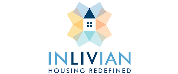 Logo with a geometric flower-like design around a house icon above the words “INLIVIAN” and “HOUSING REDEFINED” in blue text.