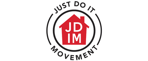 A red house icon with “JDIM” inside, surrounded by a black circular border with the words “Just Do It Movement.”.