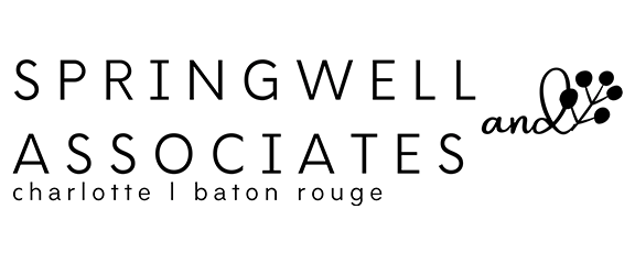 Logo for Springwell and Associates featuring stylized text and a graphic of three dots and a branch; includes locations Charlotte and Baton Rouge.