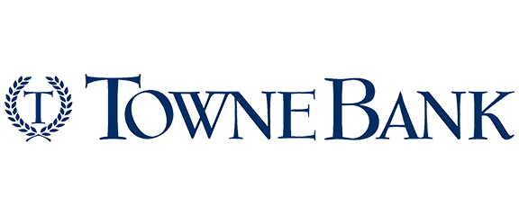 TowneBank logo with a capital “T” inside a laurel wreath to the left of the company name in blue serif font.